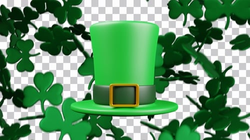 3d render Animation of falling green shamrock leafs and Green Hat for St. Patrick's Day