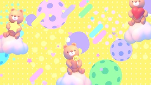 Cute Cartoon Bears Floating on Clouds with Playful Shapes Background