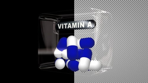 Vitamin A Pills in a Glass Cube, Capsules, Alpha Channel, Looped, Exclusive