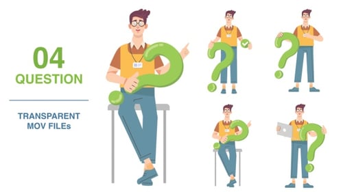 Flat Design Animated Man with Green Question Mark Icons