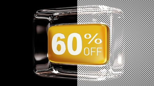 Glass cube with discount text - 60 percent off, Alpha Channel, Looped, Gold Plate, Exclusive