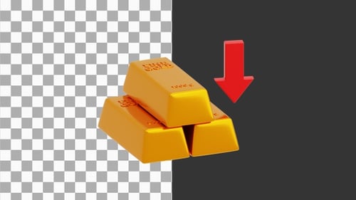 3D Gold Price Arrow Drops Falling Down | Alpha Channel