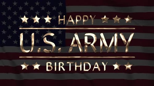 Animated Golden Text Reveal: Happy US Army Birthday on Waving Flag