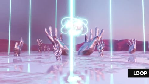 Futuristic Geometric Neon Loops with Surreal Hands and Glowing Orb