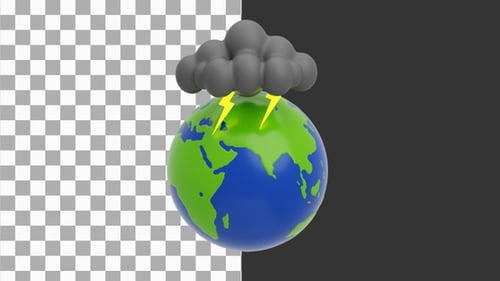 3D Globe With Thundercloud Lightning Bolt | Alpha Channel