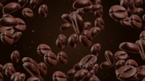 Roasted coffee beans dust falling down in front of dark and green screen background. 4K 3D.