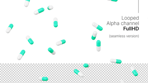 Falling pills alpha loop animation. Turquoise and white capsules FullHD