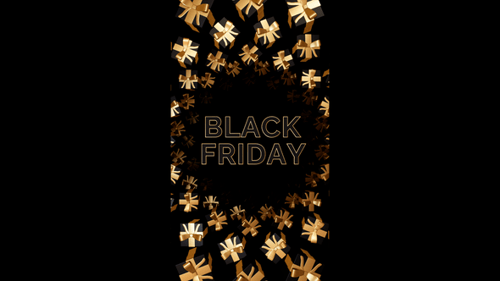 Vertical video golden black friday text with flying gift boxes loop animation background
