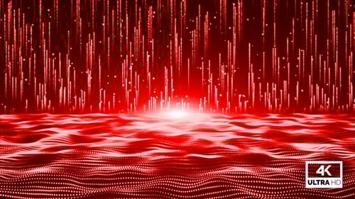 Abstract Red Digital Data Lines and Particle Waves Loop