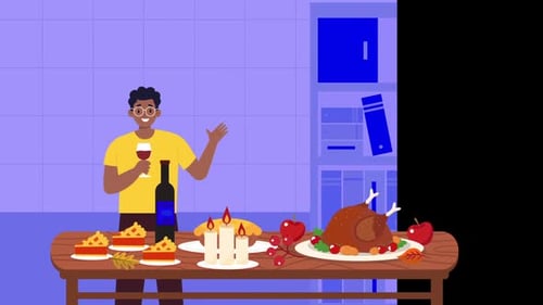 Animated Celebration Dinner with Flat Design and Waving Person