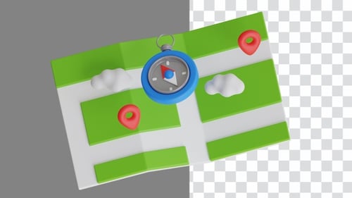 3D Animated Navigation Map with Compass and Location Pins