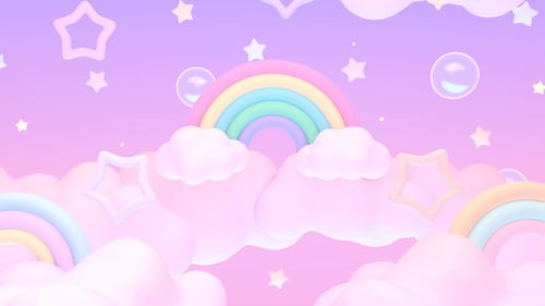 Dreamy Pastel Sky with Clouds, Rainbows, Stars, and Bubbles Loop