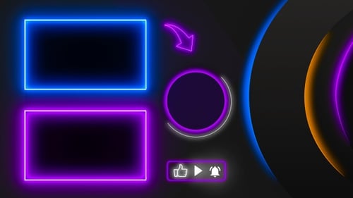 Blue and purple neon end screen. Subscribe button and outro for gaming and video channels