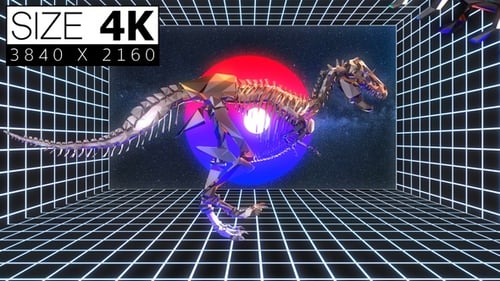 Retro Glitch Geometric Dinosaur Skeleton in 80s Style Grid