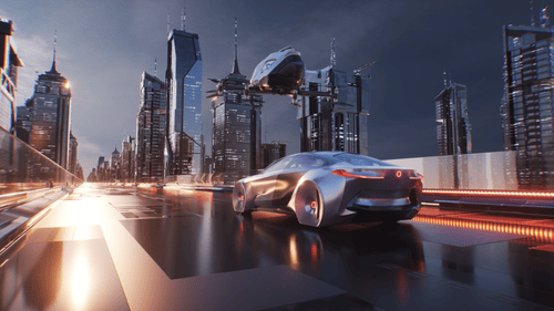 Ville Futuriste Avec Voiture D'équitation Et Drone Volant, Taxi, Boucle De Toile De Fond Cinématographique