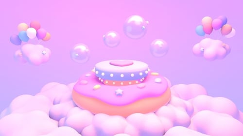 3D Animated Birthday Podium with Pink Clouds and Balloons