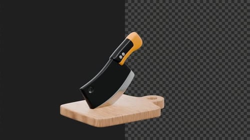 Planche à découper en couperet de cuisine stylisé 4K, animation 3D, préparation des aliments