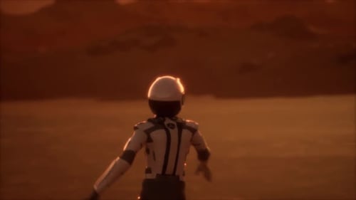 Astronaut exhausted walking towards a mountain range on a deserted planet