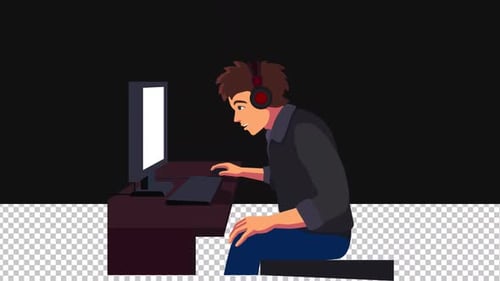 2D Man working on computer | Alpha Channel