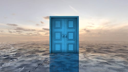 Surreal Blue Door Opening in Vast Ocean