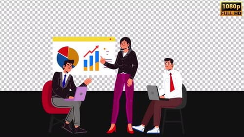 Animated professionals review charts, data analytics, and strategy