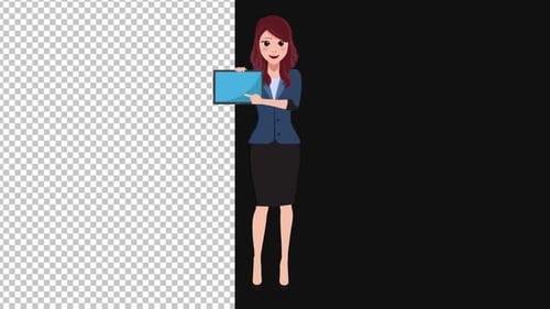 Office Woman Talking Holding Tab Screen Alpha Looped