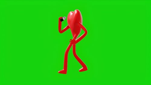 Animated Red Heart Character Using Smartphone and Dancing on Green Screen