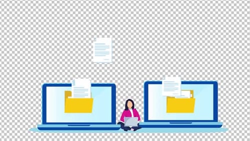 Animated Data Transfer Between Laptops with Person Illustration