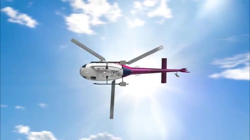 Flying Helicopter with Spinning Blades Against Blue Sky