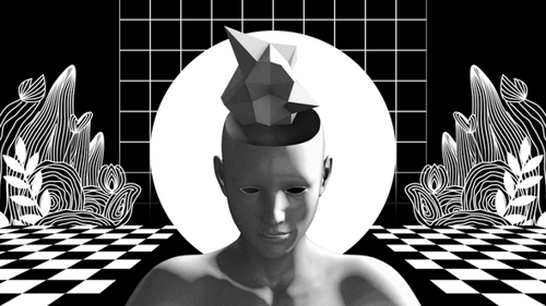 Inteligencia artificial surrealista, mente humana con cerebro abstracto, salud mental monocromática, ansiedad, conciencia digital