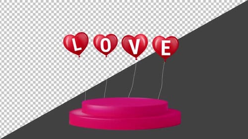 3D Red Heart LOVE Balloons with Pink Podium