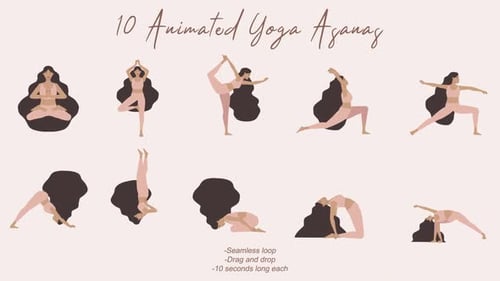 Pack of 10 animated women doing yoga asanas poses on loop.