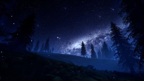 Serene Night Forest Landscape with Milky Way and Shooting Stars