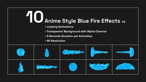 10 Anime Style Blue Fire Effects Pack Looping Animation with Transparent Background.