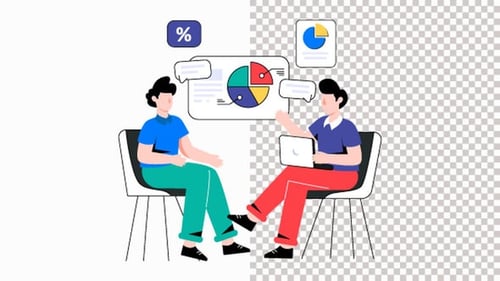 Flat Design Animation of Two People Discussing Business Data