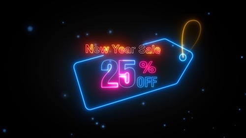 New Year Sale Neon Price Tag with 25 Percent Off Discount