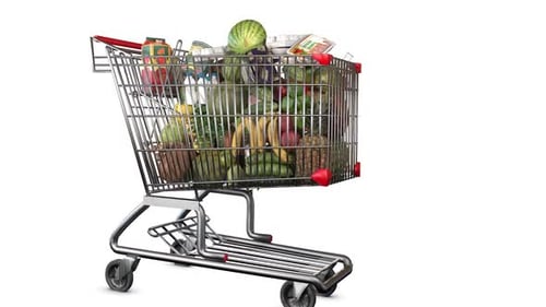 Animated Shopping Cart with Groceries Moving Across Screen