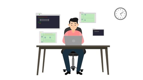 Flat Design Animation of Person Working on Laptop with Digital Files