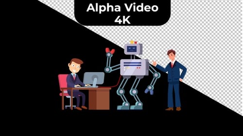 Animated Business People Collaborate with AI Robot in Office