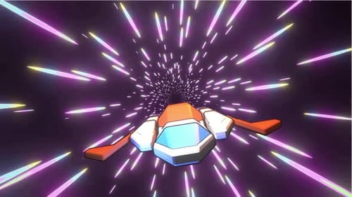 Cartoon Spaceship Flying Through Cosmic Hyperspace Tunnel Animation