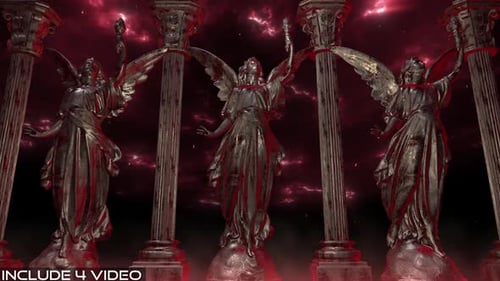 Estátua e pilar de anjo gótico escuro no Fiery Hell Hall