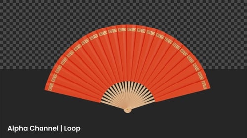 Animated Red Chinese Hand Fan Unfolding with Gold Pattern