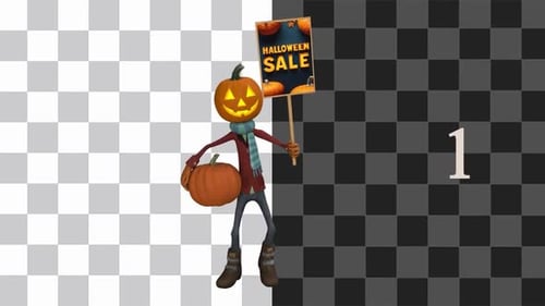 Animated 3D Pumpkin Character Holding Halloween Sale Sign