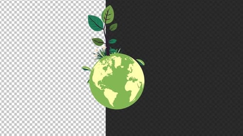 Animated Green Earth Globe with Growing Plant and Falling Leaves