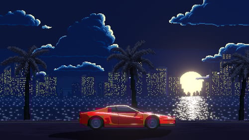 Pixel Art Night Road At Beach With Red Sports Car
