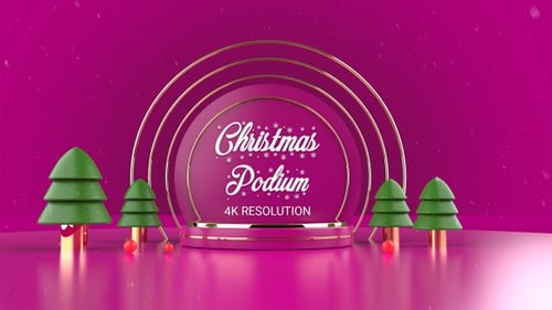 Elegant Christmas Display Stage with Golden Rings and Falling Snow