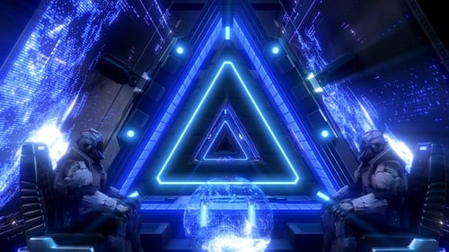 Futuristic Sci-Fi Triangle Tunnel with Neon Blue Data Stream