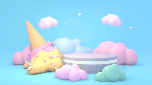 Sweet 3D Ice Cream Podium Product Display with Pastel Clouds