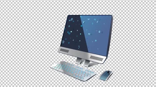 Animated Technology Icons Flying Around a Desktop Computer