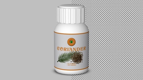 Coriander in modern white bottle rotates smoothly, creative loop for herbal and spice visuals